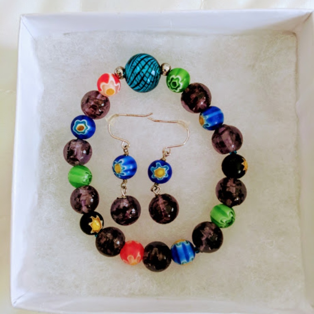 Multiple Glass Bead Bracelet and Earrings Set NEW